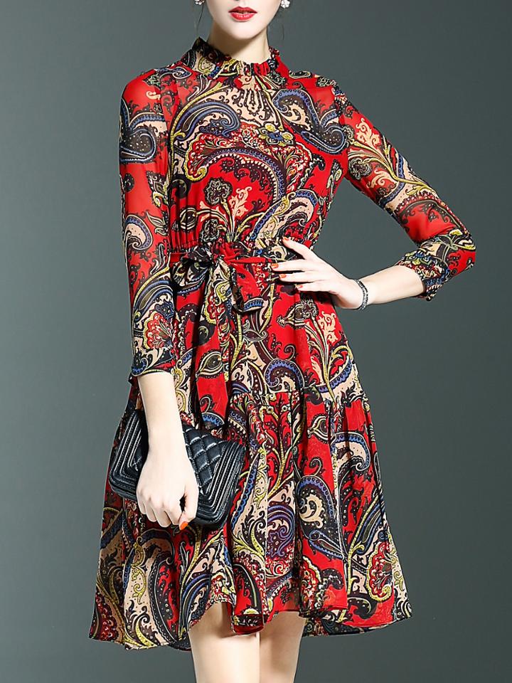 Shein Red Tie-waist Vintage Print Dress