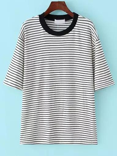 Shein White Crew Neck Striped Loose T-shirt