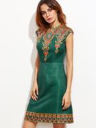 Shein Green Vintage Print Cap Sleeve Jacquard Dress