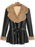 Shein Black Lapel Tie-waist Pu Coat