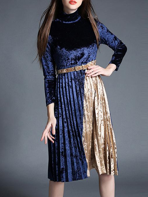 Shein Blue Contrast Yellow Belted Pleated Velvet Dress