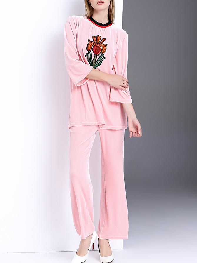 Shein Pink Flower Embroidered Velvet Top With Pants