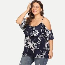 Shein Plus Botanical Print Flounce Foldover Front Top