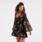 Shein Plunging Neck Bell Sleeve Floral Dress