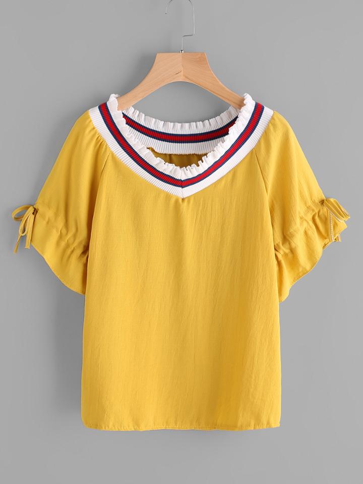Shein Contrast Striped Trim Frill Cuff Tie Detail Top