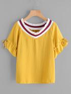 Shein Contrast Striped Trim Frill Cuff Tie Detail Top