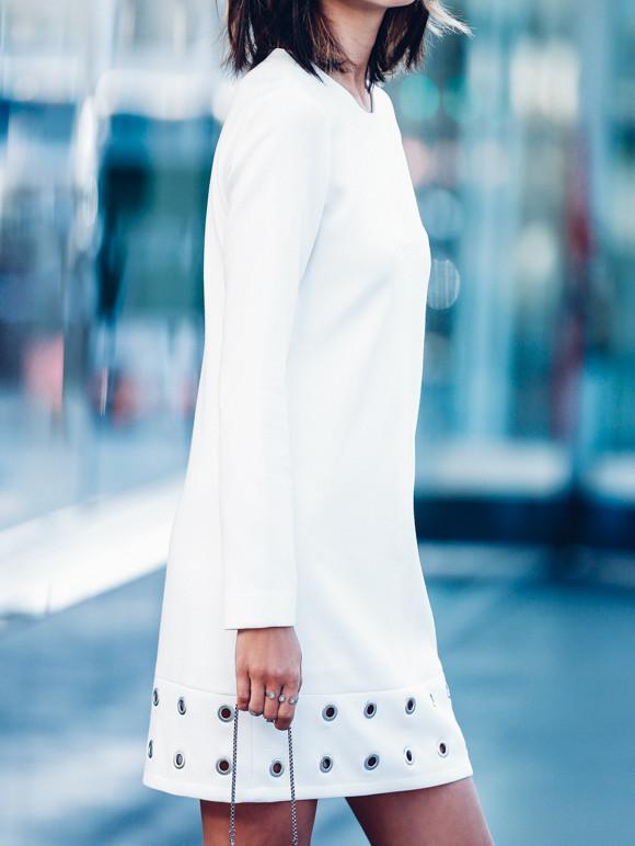 Shein White Crew Neck Long Sleeve Eyelet Dress