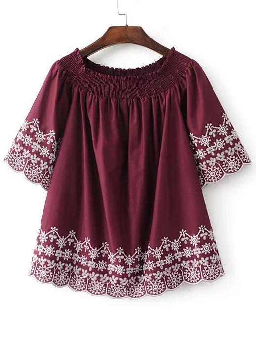 Shein Burgundy Embroidery Scalloped Trim Off The Shoulder Blouse