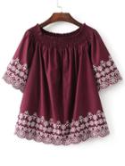 Shein Burgundy Embroidery Scalloped Trim Off The Shoulder Blouse