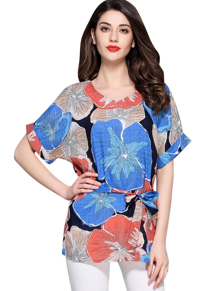 Shein Allover Floral Print Self Tie Waist Top