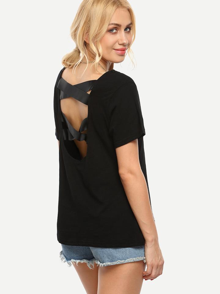 Shein Cutout Lattice Back T-shirt - Black
