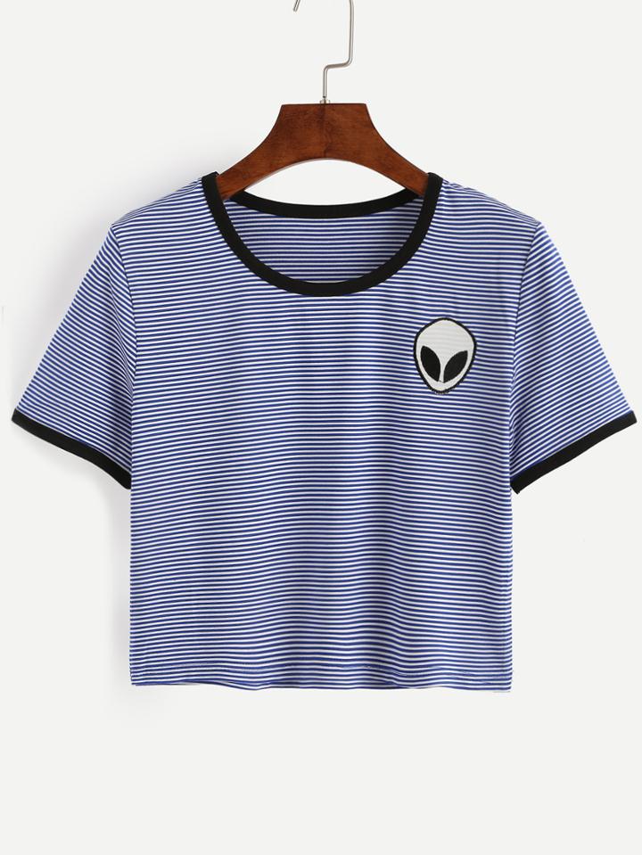 Shein Blue Striped Saucerman Embroidered Contrast Trim T-shirt