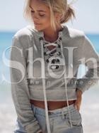 Shein Grey Lace Up Neck Crop Sweatshirt