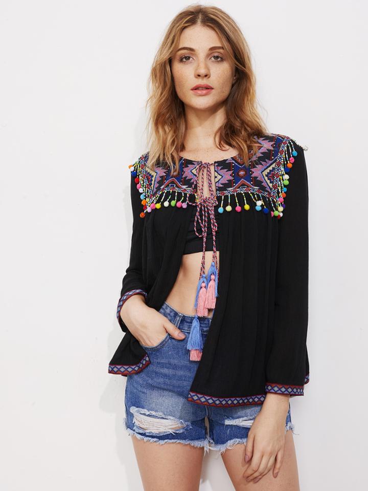 Shein Aztec Jacquard Yoke Pom Pom Fringe Trim Blouse