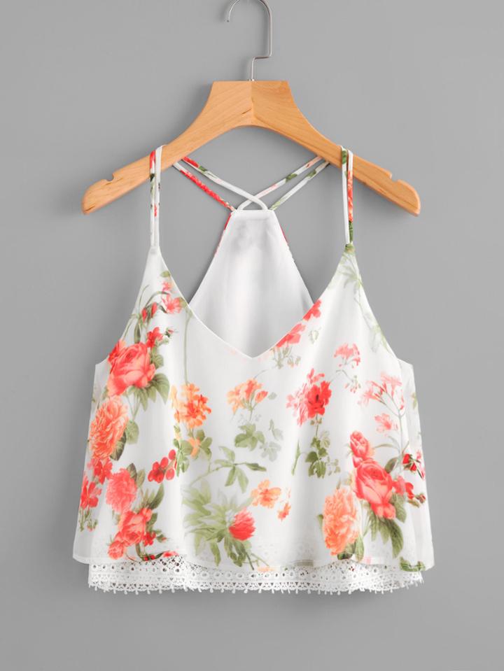 Shein Crochet Trim Florals Chiffon Cami Top