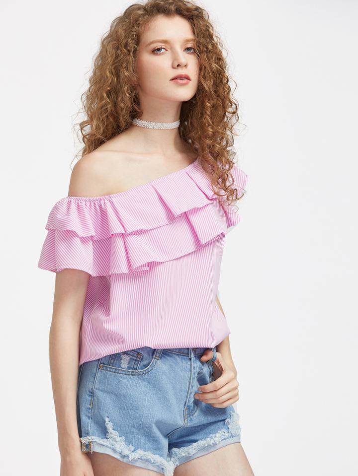 Shein One Shoulder Pinstripe Layered Frill Trim Top