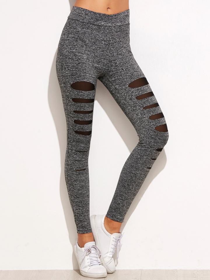 Shein Grey Marled Knit Mesh Insert Ripped Leggings