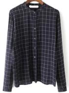 Shein Navy Stand Collar Plaid Loose Blouse