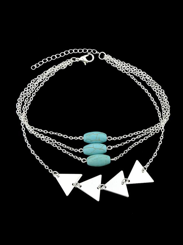 Shein Silver Multi Layers Bangles Chain With Blue Beads Triangle Shape Arm Bracelets