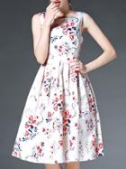 Shein White Sleeveless Floral Bow A-line Dress