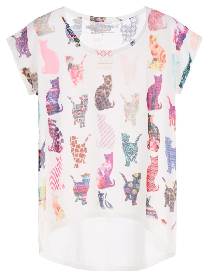 Shein White Cats Print Dip Hem Dolman Sleeve T-shirt