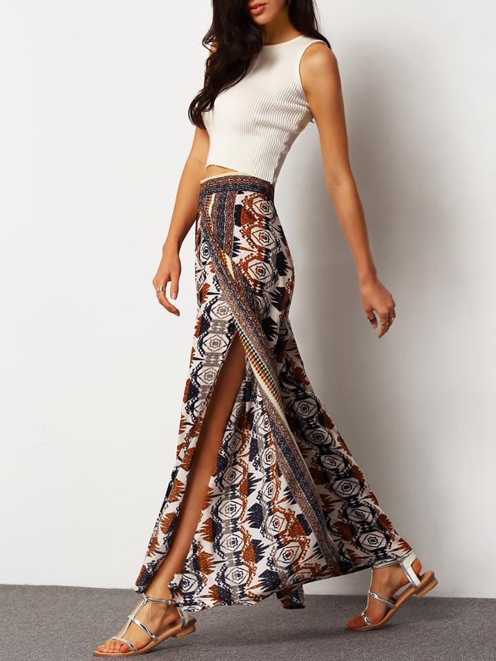 Shein Multicolor Folk Print Side Slit Pant