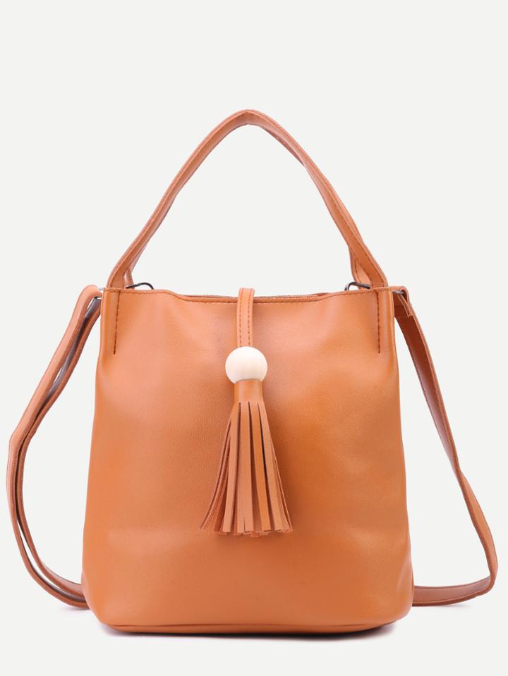 Shein Khaki Pu Tassel Trim Tote Bag With Strap