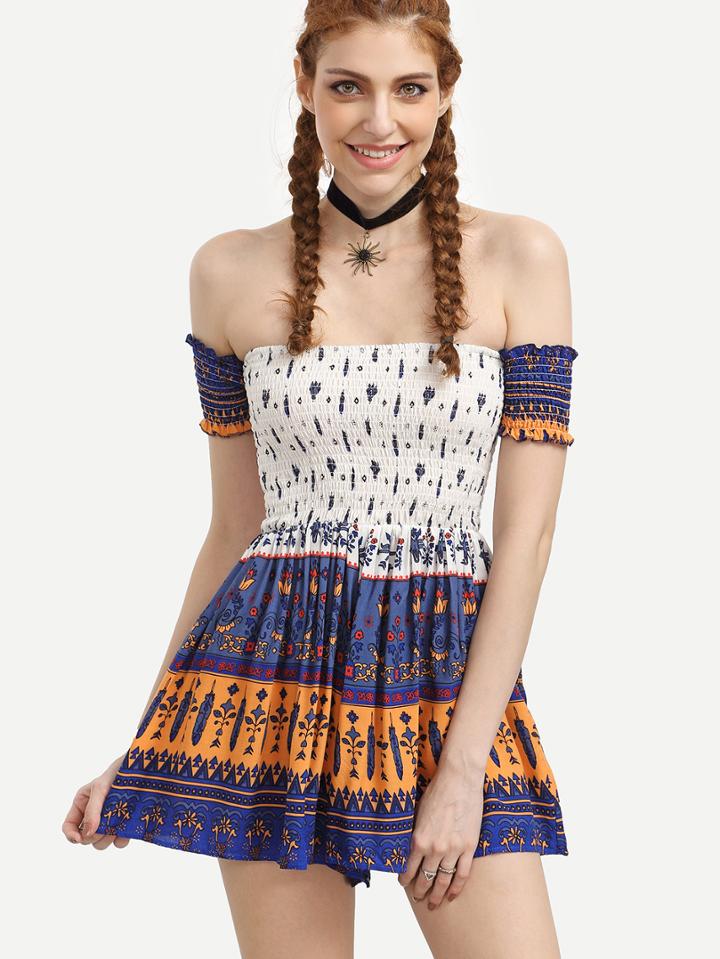 Shein Ruffle Navy Off The Shoulder Tribal Print A Line Dress