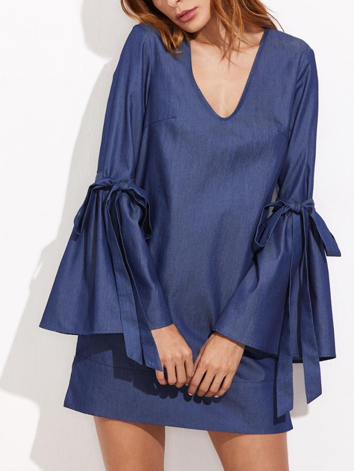 Shein Blue Bow Tie Bell Sleeve Chambray Dress