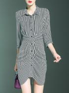 Shein Black White Striped Lapel Asymmetric Dress
