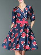 Shein Blue V Neck Flowers Print Pockets Belted Dress