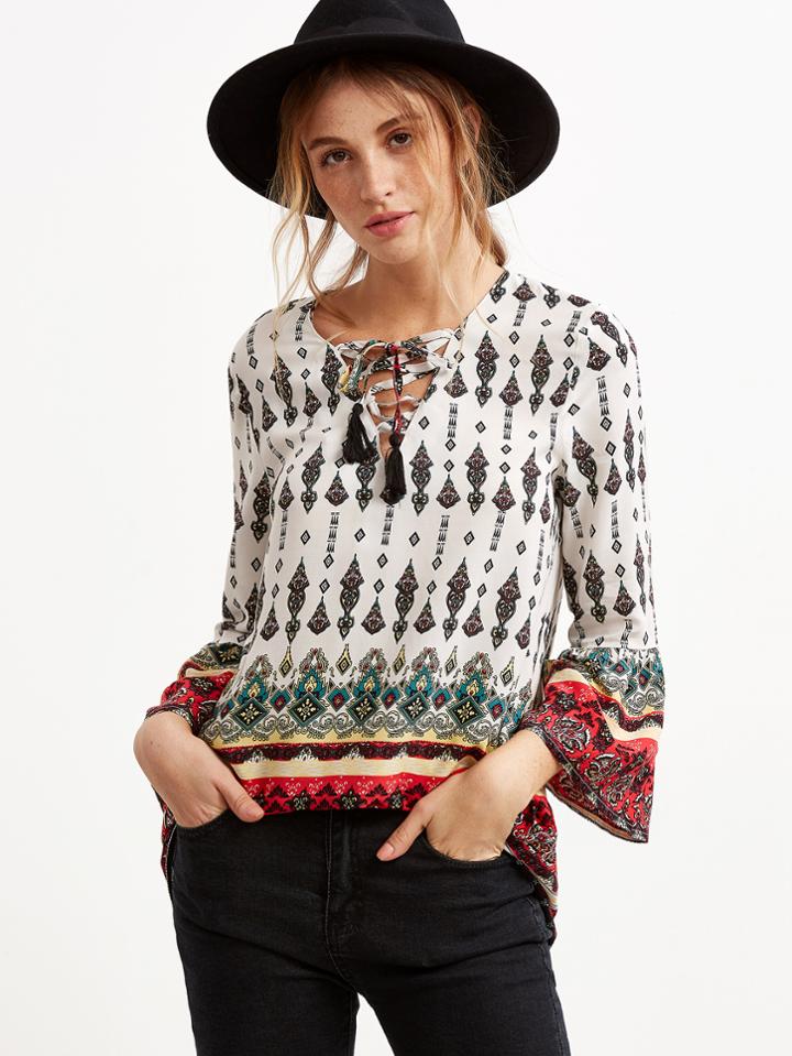 Shein White Ornate Print Lace Up V Neck Bell Cuff Tunic Blouse