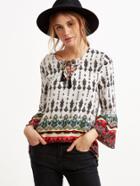 Shein White Ornate Print Lace Up V Neck Bell Cuff Tunic Blouse