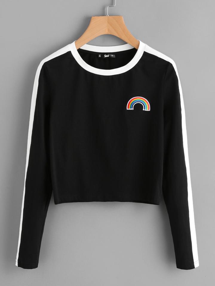 Shein Rainbow Patch Contrast Panel Crop Tee