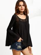 Shein Black Lace Insert Bell Sleeve Lace Up Back Blouse