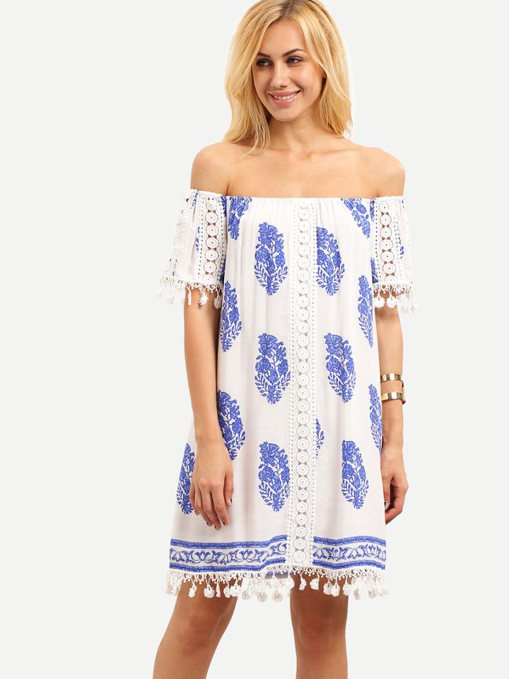 Shein Multicolor Print Off The Shoulder Fringe Shift Dress