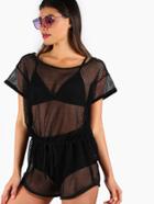 Shein Binding Trim Fishnet Drawstring Romper