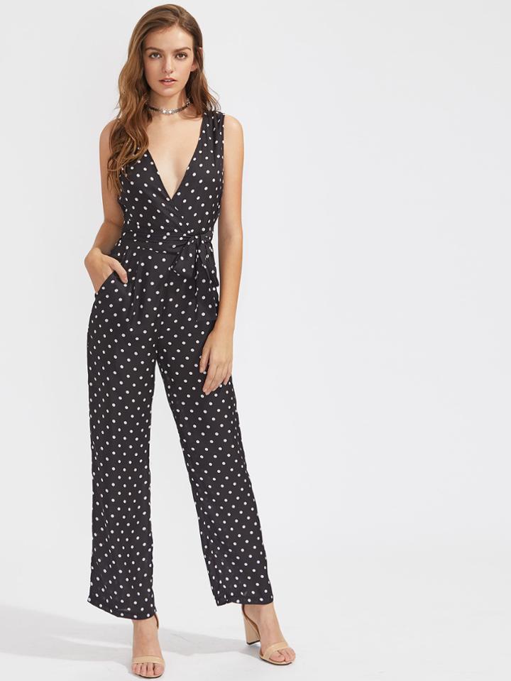 Shein Plunging V-neckline Polka Dot Sleeveless Playsuit