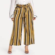 Shein Plus Waist Belted Striped Ruffle Wide Leg Pants