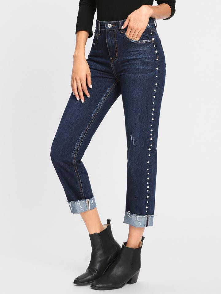 Shein Pearl Beaded Raw Hem Jeans