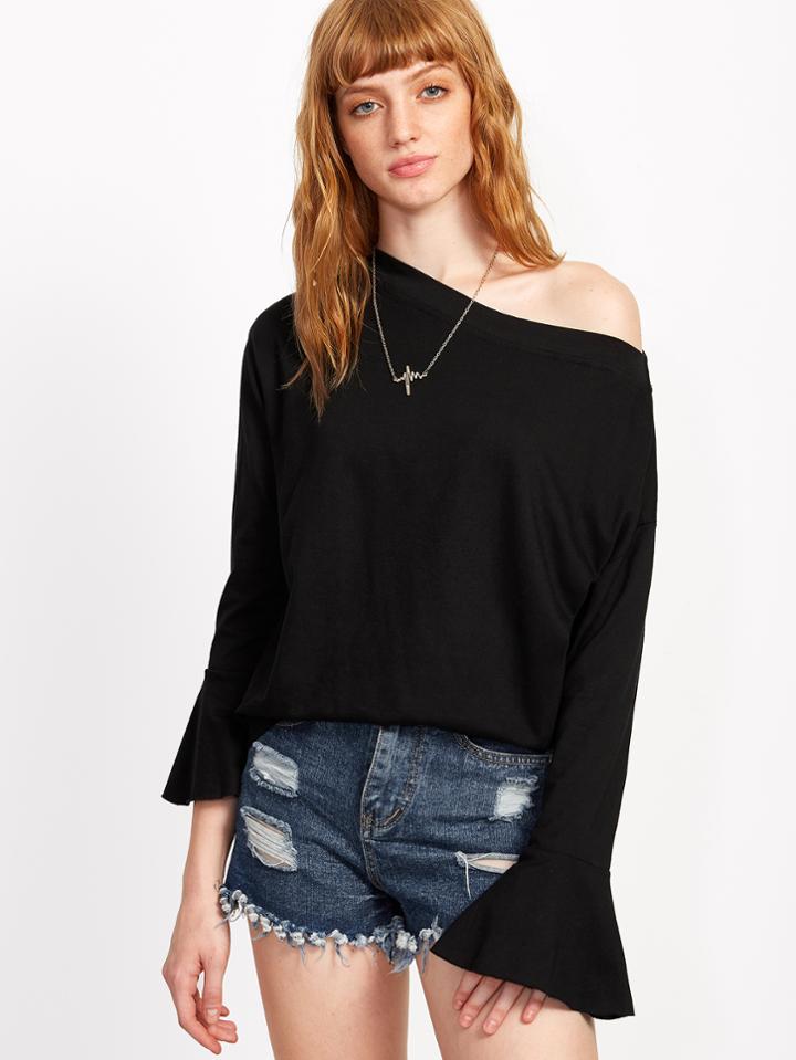 Shein Black Oblique Shoulder Ruffle T-shirt