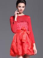 Shein Red Round Neck Long Sleeve Knit Bow Dress