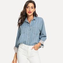 Shein Striped Drop Shoulder Pocket Detail Denim Shirt