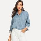 Shein Striped Drop Shoulder Pocket Detail Denim Shirt