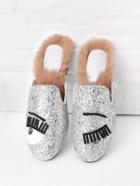 Shein Eyelash Pattern Glitter Flat Mules With Faux Fur