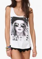 Rosewe Hollow Back Character Print White Tank Top