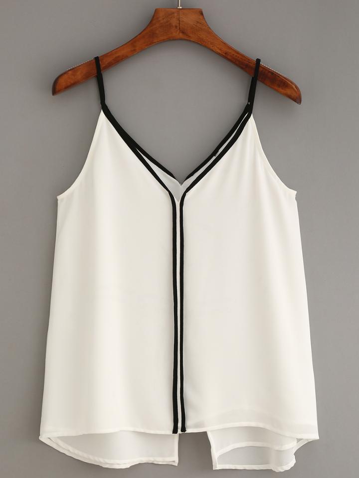Shein Contrast Trim Slit Chiffon Cami Top - White