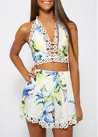 Rosewe Lace Patchwork Flower Print Halter Loose Romper