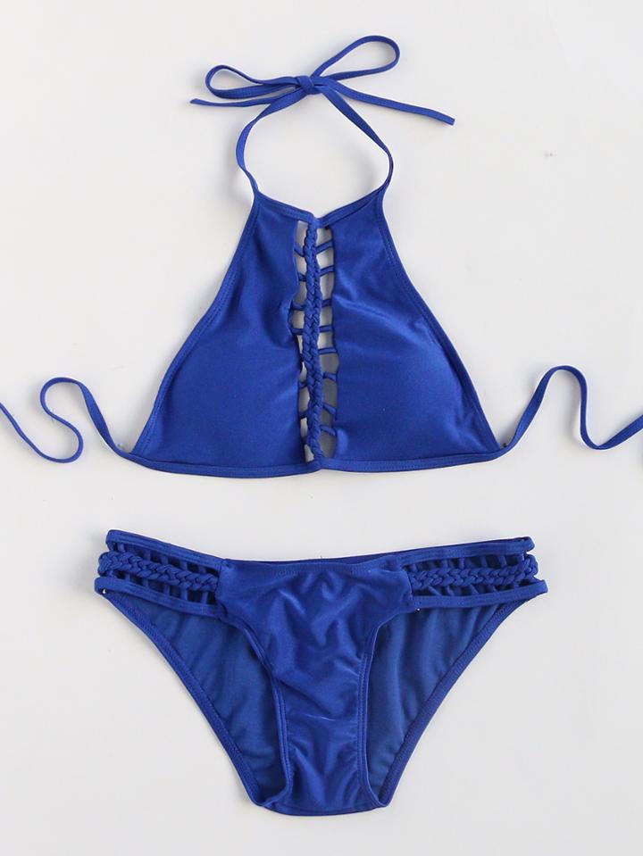 Shein Blue Ladder Cutout Halter Backless Bikini Set