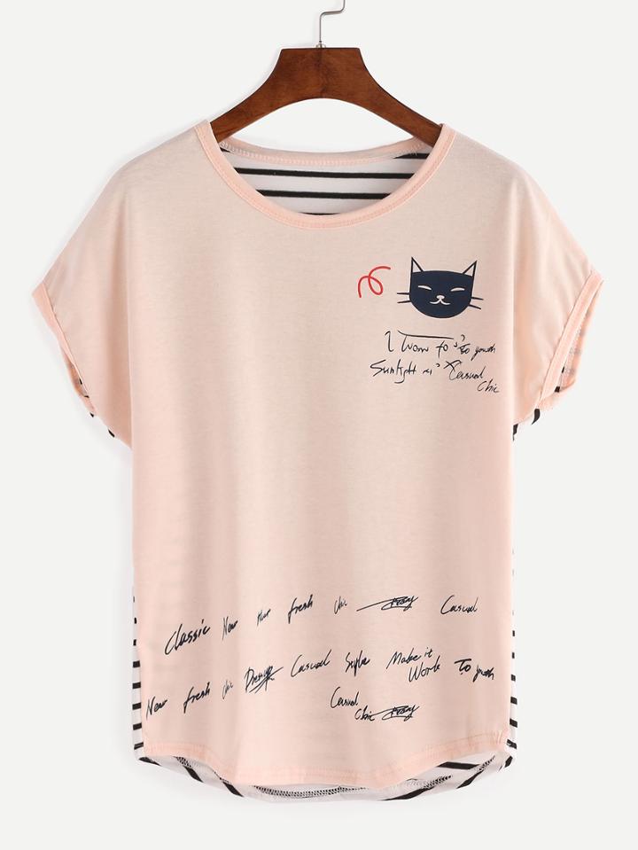 Shein Cat Print Striped Back T-shirt - Apricot